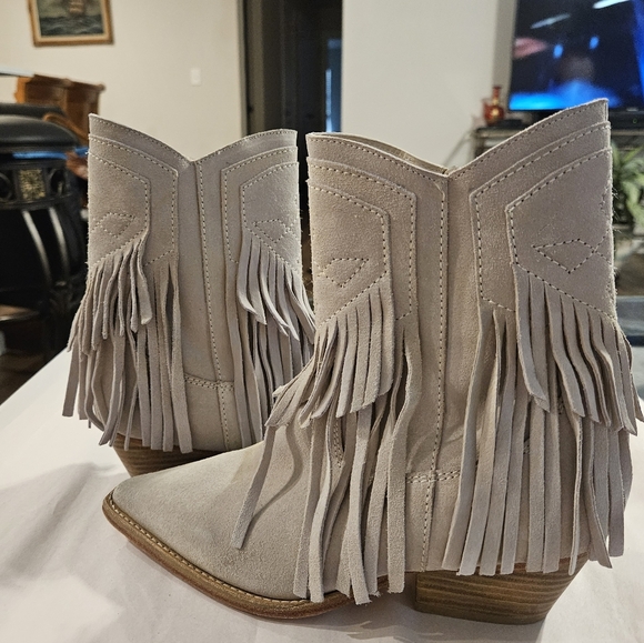 Free People Western Boots Woman  Lawless Bone/Sand Suede Leather Fringe New Sz 7 - Picture 14 of 17